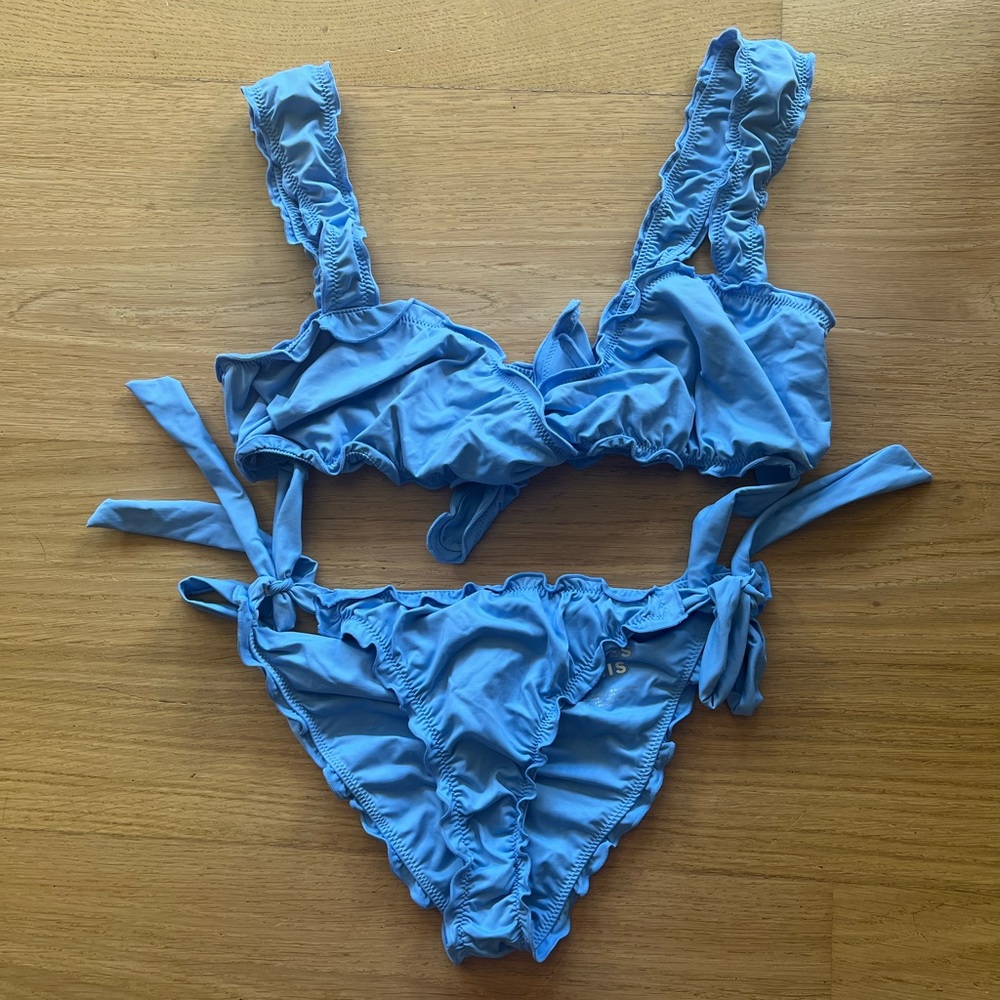 Frankie's Bikinis Light Blue Ruffle Tie-Side Bikini Set